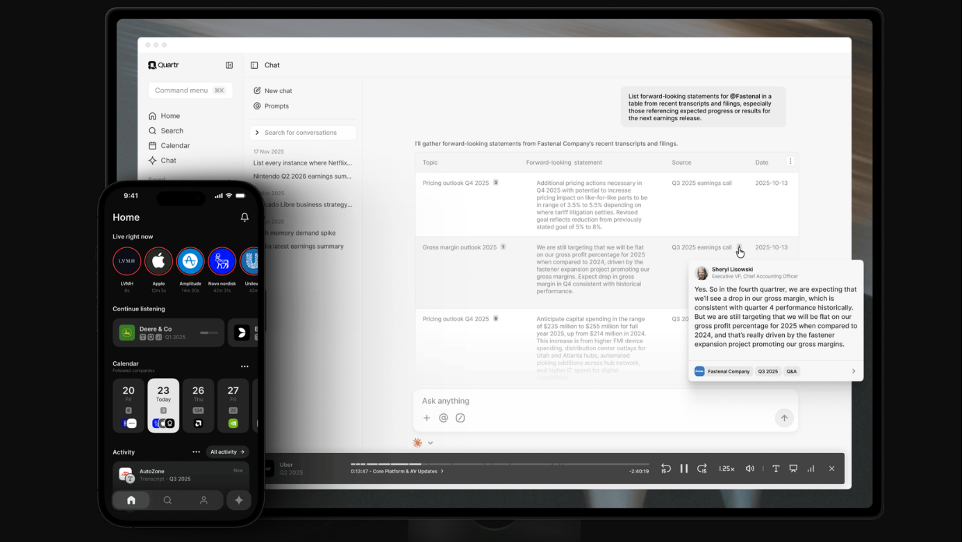 Quartr: AI-powered earnings transcripts, calls, and market intelligence, all in one place.